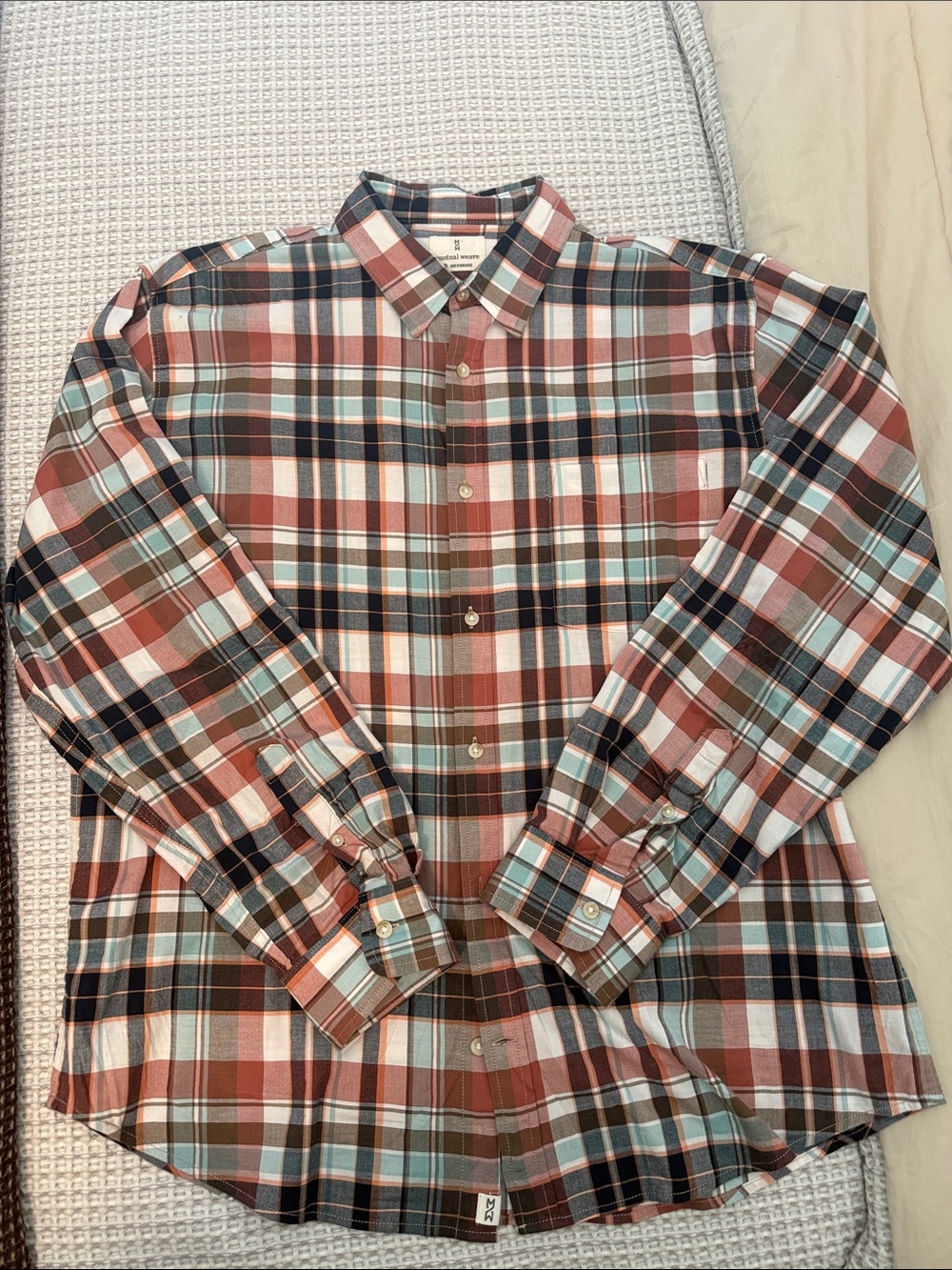 Men's Plaid Button-Down Shirt — Rust, Blue & White